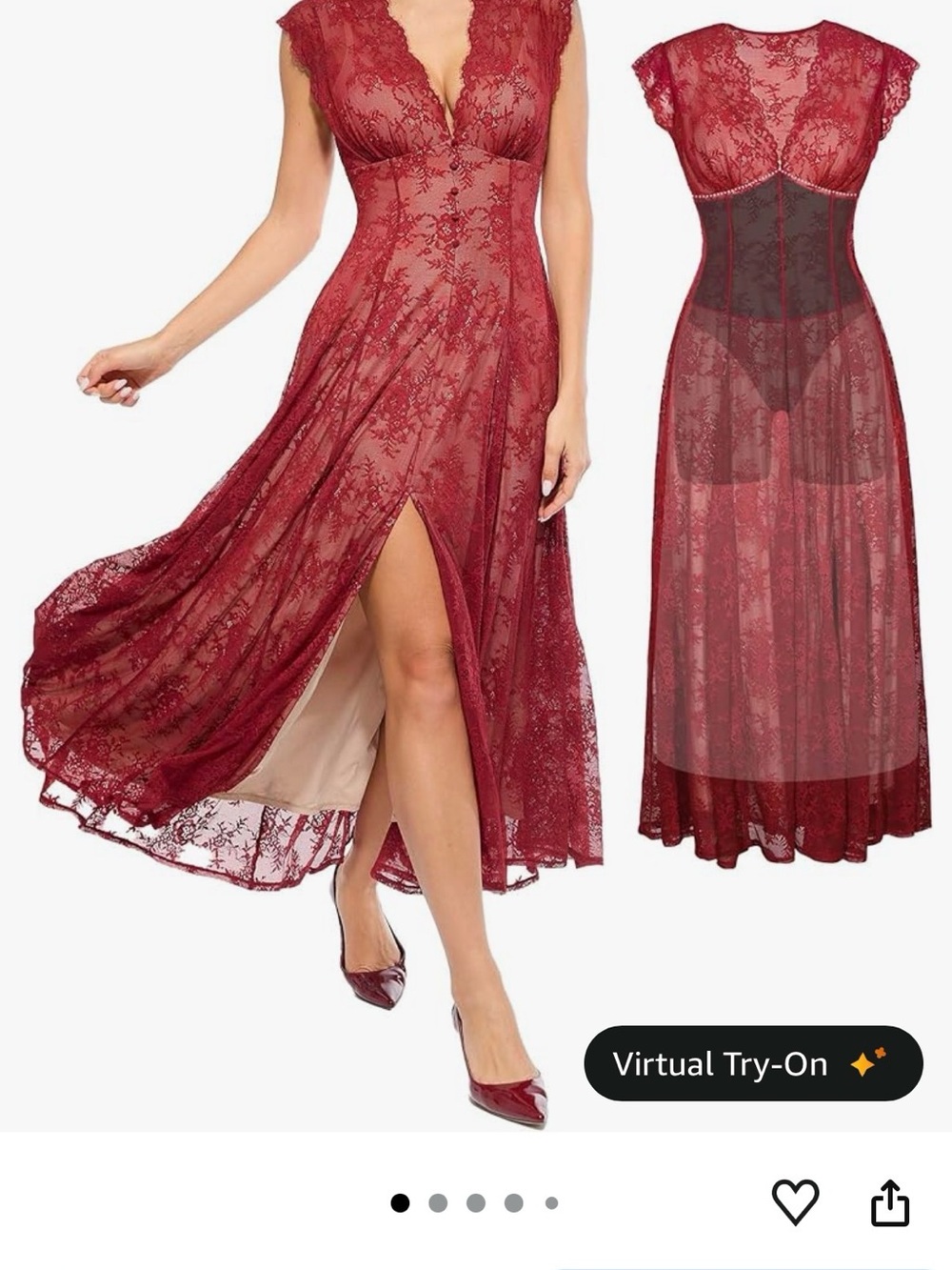 Sheer Lace Midi Dress with Front Slit in Burgundy